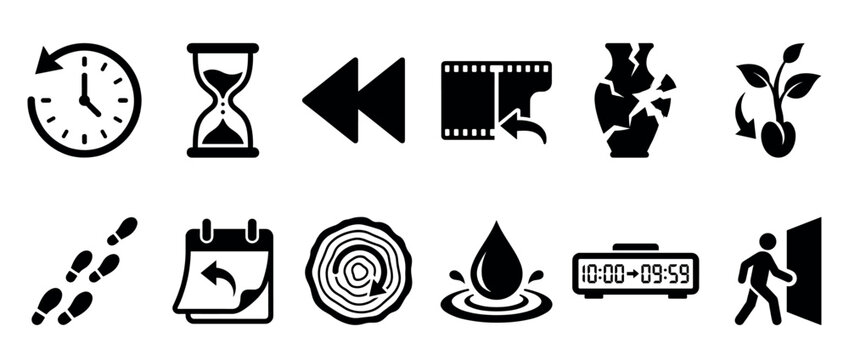 Set of twelve black glyph icons representing concepts of time, history, past, and reversal, including a clock, hourglass, rewind button, and calendar for user interface design
