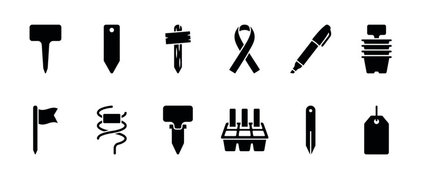 Set of black glyph icons for gardening and plant labeling shows various markers, tags, and tools for horticulture in a minimalist graphic style
