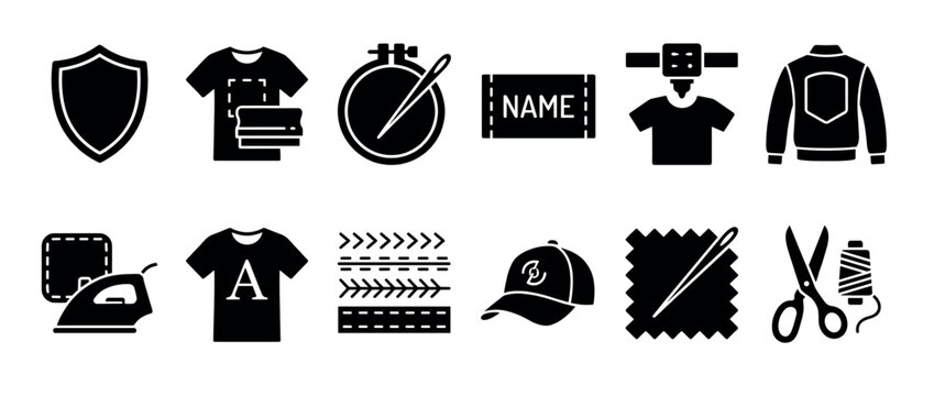 Clothing customization and tailoring black glyph icons set showing embroidery, heat press printing, sewing, and patches for apparel modification in a minimalist silhouette style