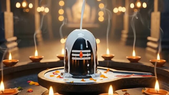 Pure milk droplets flowing onto black stone shivling under warm temple glow serene worship scene mahadev maha shivratri trishul hindu devotion