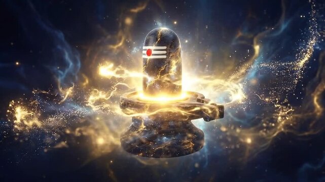 cosmic mahadev shivling radiating energy particles in abstract spiritual space with calm meditation aura trishul devotion for maha shivratri night cinematic sacred visuals immersion