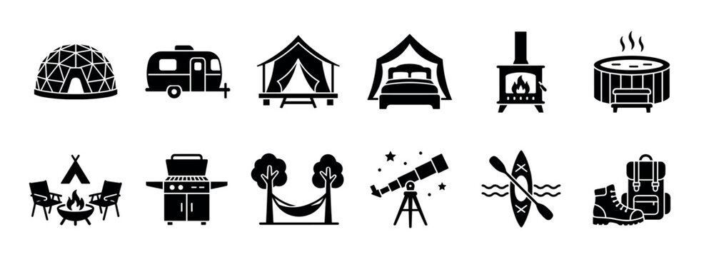 Set of black glamping icons showing luxury camping elements like a geodesic dome, safari tent, camper trailer, hot tub, and outdoor recreation activities in a simple glyph style