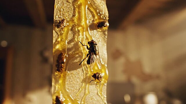 Sticky trap catching bees, insects flying into adhesive flypaper, pest control concept