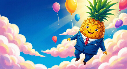 Fototapeta premium Happy Pineapple Character Flying with Balloons in Blue Sky Illustration