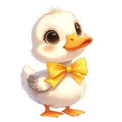 Charming Duckling: An adorable duckling with a vibrant yellow bow tie and rosy cheeks gazes with innocence, radiating joy and cuteness.