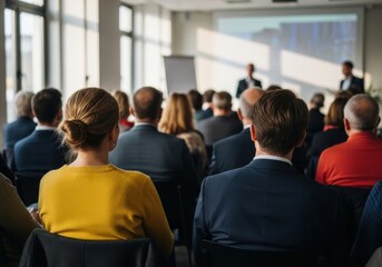 Fototapeta premium Audience listening to speaker in conference room with projector screen