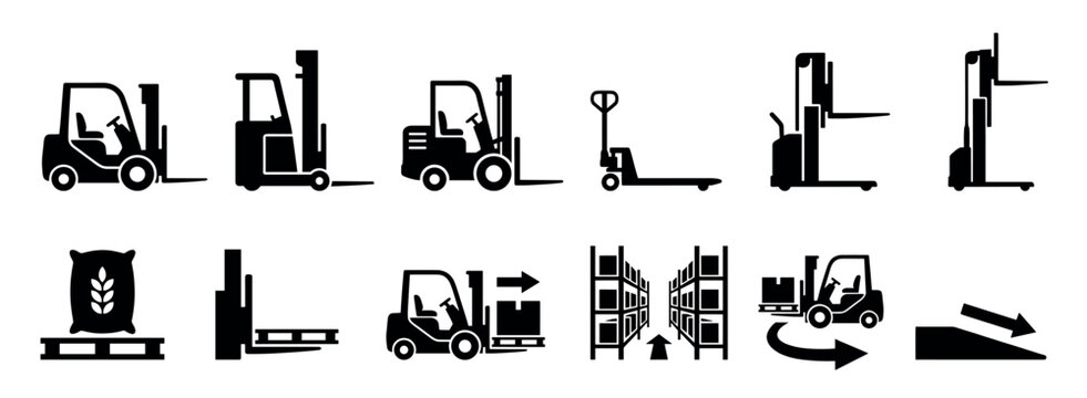 Black silhouette icon set of warehouse equipment including forklifts, pallet jacks, stackers, and logistics symbols for industrial material handling and transportation