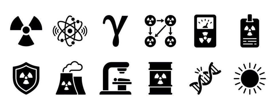 Collection of twelve black solid icons depicting radiation, atomic physics, nuclear power, radioactive decay, safety protocols, medical radiotherapy, and hazardous waste concepts