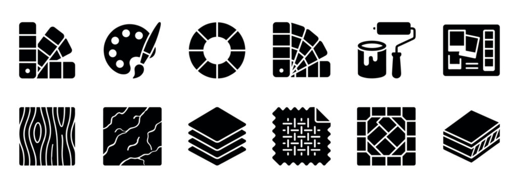 Collection of black glyph icons for interior design, home renovation, and material selection, including paint swatches, color wheels, textures, and tools in a minimalist graphic style