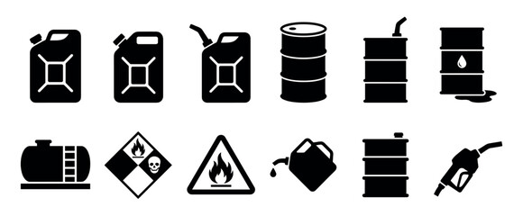 Set of black fuel and oil icons including a jerrycan, barrel, tank, pump nozzle, and flammable hazard warning signs in a simple vector graphic illustration style © Vladislav