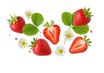 Vibrant red strawberries, leaves, white blossoms, and juice splashes suspended dynamically mid-air against a transparent background, macro, sharp focus, concept of natural freshness