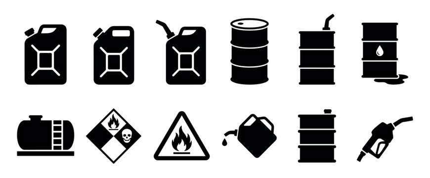 Set of black fuel and oil icons including a jerrycan, barrel, tank, pump nozzle, and flammable hazard warning signs in a simple vector graphic illustration style