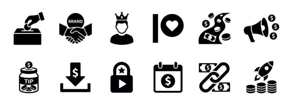 Black glyph icon set for business and finance representing monetization, donation, startup growth, premium content, marketing, and affiliate programs for web and mobile applications