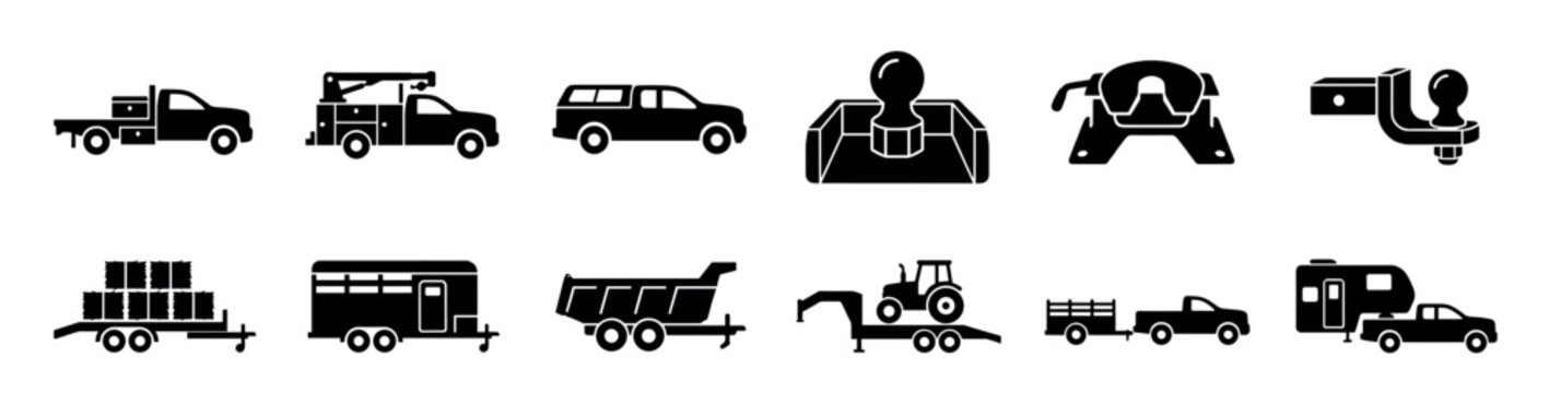 Collection of black silhouette icons representing trucks, trailers, and towing hitches for various hauling and transportation purposes, including agricultural and construction vehicles