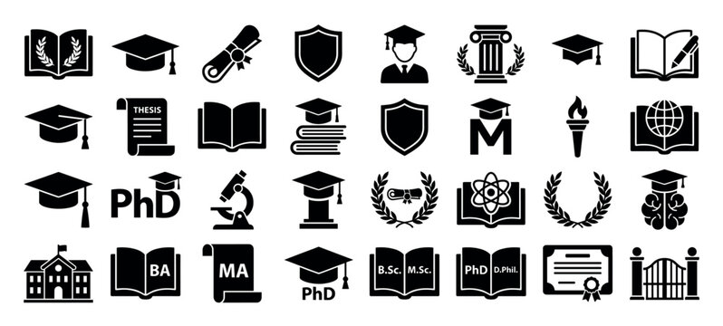 Large collection of black silhouette icons representing higher education, graduation, and academia with symbols like mortarboards, diplomas, and university buildings