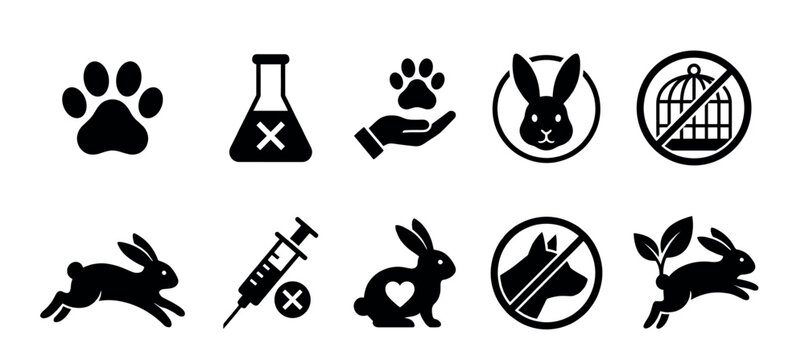 Cruelty-free and vegan product label icons representing no animal testing, animal rights, and natural cosmetic concepts with rabbit and paw symbols