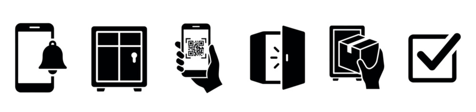 Set of black glyph icons for an automated parcel locker service, illustrating the process of notification, QR code scanning, opening a cell, and package collection