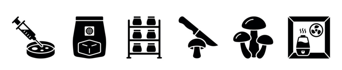 Black glyph icon set for mushroom cultivation and mycology, illustrating the complete growing process from spore syringe and petri dish to harvesting and environmental control