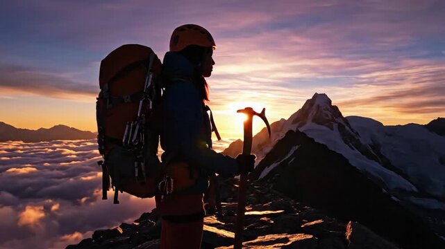 Mountaineer with Ice Axe and Backpack on Mountain Peak at Sunrise Above Clouds