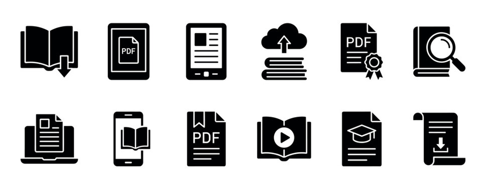 Black glyph icon set for e-learning and digital reading, featuring symbols for ebooks, PDF documents, online library, audiobooks, and educational materials in a minimal vector style