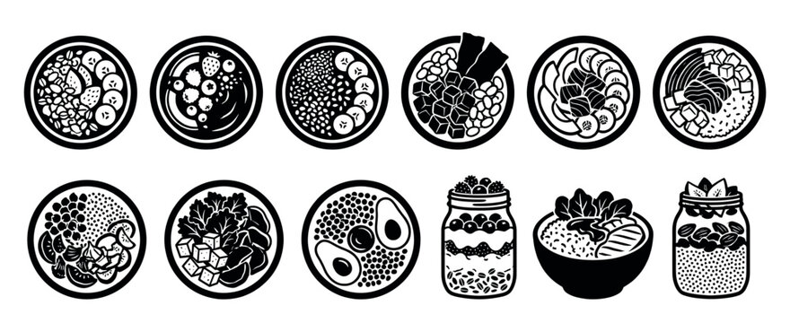 Collection of black and white healthy food bowl and jar icons showing various meals like smoothie bowls, poke bowls, salads, and parfaits in a minimalist graphic style