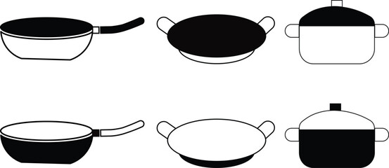 A set of saucers sits beside a black teflon frying pan and steel kitchenware utensils isolated on a white background for domestic cooking