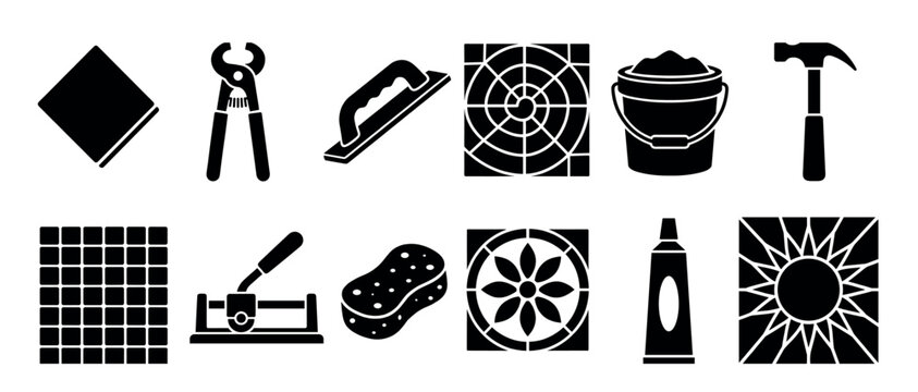 Black silhouette icons of tile installation equipment showing a trowel, nippers, hammer, bucket, sponge, tile cutter, and various patterned ceramic tiles for flooring