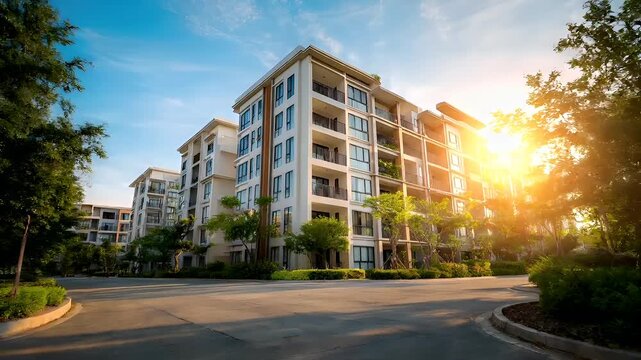 Real estate business market, house home building purchase sale. A modern apartment complex at sunset, with the sun casting a golden hue over the buildings, trees, plants, and road.
