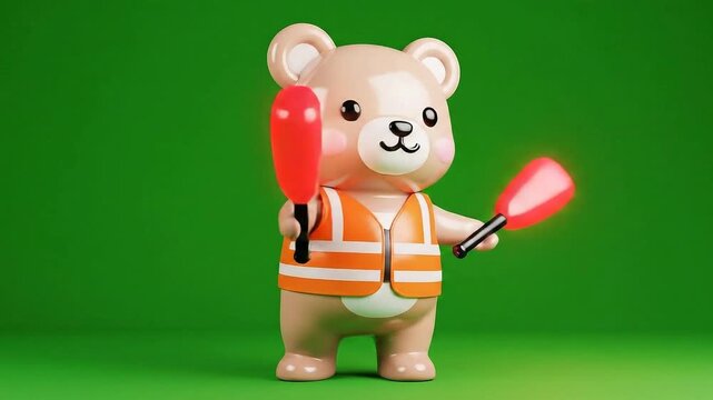 Adorable 3D Rendered Cartoon Bear Character Dressed in a High-Visibility Safety Vest and Holding Red Signal Batons Against a Solid Green Background