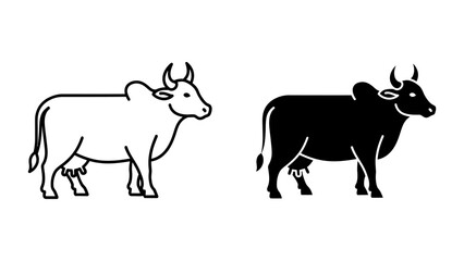 Fototapeta premium Zebu cow icons in outline and silhouette style standing in profile isolated on white background