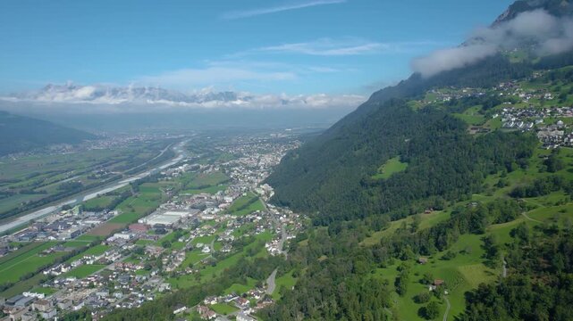 An  aerial panorama view of the old town city Triesenberg in Liechtenstein on a sunny noon in summer