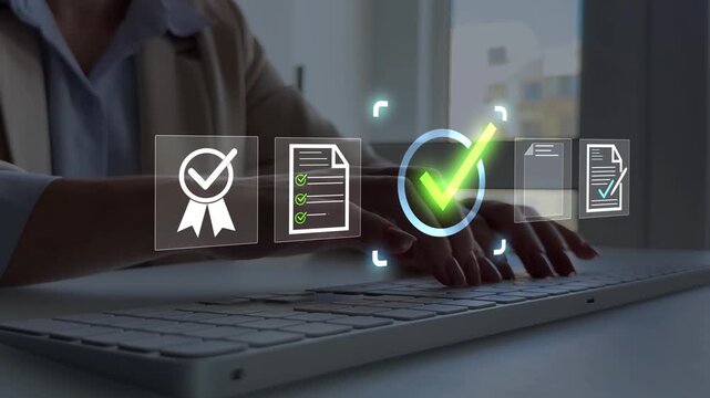 Business person checking digital documents on laptop with checklist approval icon, verification, workflow control, productivity and online document management.	
