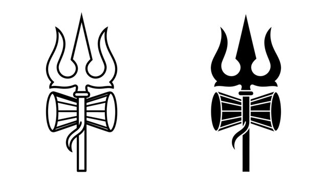 Trishula and Damaru symbols of Lord Shiva isolated on white background as black outline and solid vector icons
