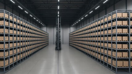automated warehouse interior with organized storage racks and spacious industrial logistics facility