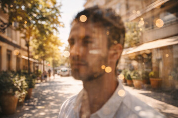 abstract portrait reflected in shop window on summer city street