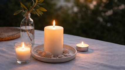 candles on summer table at dusk natural still life