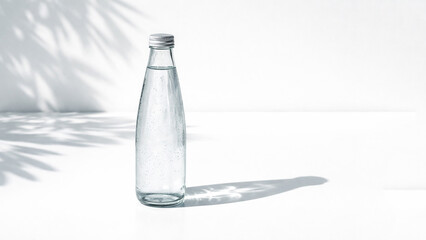 glass water bottle on white table with sunlight shadow minimal design