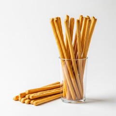 Glass vase with golden brown breadsticks on white surface