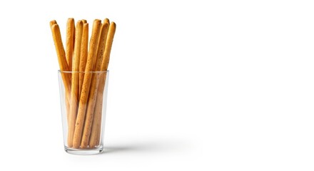 Glass vase with breadsticks isolated on white background