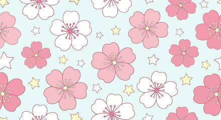 Obraz premium Cute Pink and White Cherry Blossoms with Stars Pattern on Light Blue Background
