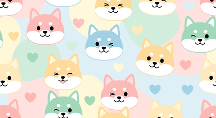 Cute Shiba Inu Faces Pattern, Kawaii Dog Art, Pastel Colors, Hearts Background