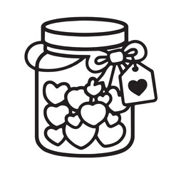 Jar heart love gift ribbon tag cute romantic outline drawing black white container sweet present
