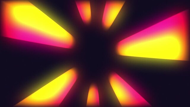 Radial burst animation with vibrant yellow and pink light rays spreading inward and outward on a black retro background loop.