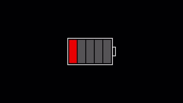 Mobile phone low battery warning blink animation with alpha channel, digital low battery charge status indicator animation, battery last red cell animation,
 No energy, low battery alert, Critical lev
