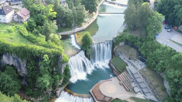 Aerial view of river dam structure