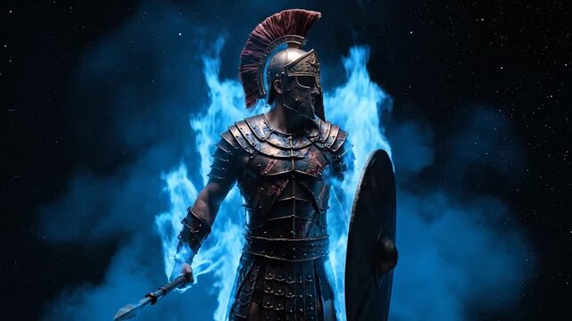 A Roman centurion, engulfed in blue flames, stands against a starry backdrop, ready for battle