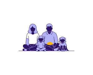 A minimalist illustration depicting a family of four, including two parents and two young children, sitting together.
