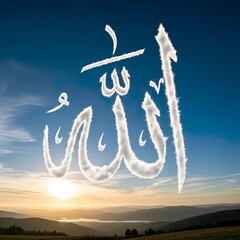 Majestic 'Allah' calligraphy crafted from ethereal clouds against a breathtaking sunset painting a tranquil sky over serene rolling hills and distant mountains