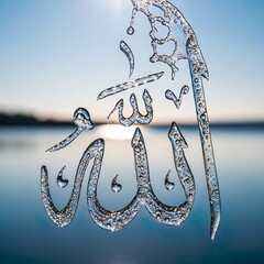 Divine calligraphy in shimmering ice, artfully crafted against a serene twilight waterscape, creating a powerful symbol of spiritual peace and natural beauty