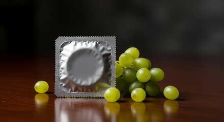 Condom packaging with bunch of green grapes on wooden table